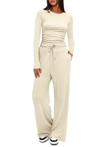 Darong Women's 2 Piece Outfits Lounge Sets 2025 Fall Long Sleeve Tops Wide Leg Pants Casual Matching Set - Image 1