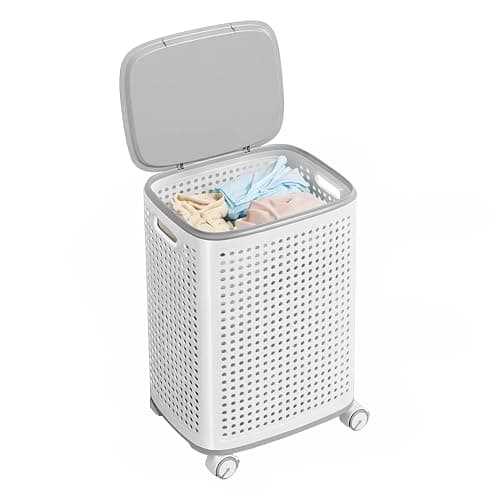 M.J COMFY-LIFE Laundry Basket with 360° Wheels and Lid Large Rolling Clothes Hamper with Built-in Storage Basket Ventilated Design for Laundry Room Bathroom Bedroom (Without Sidebar) - Image 1