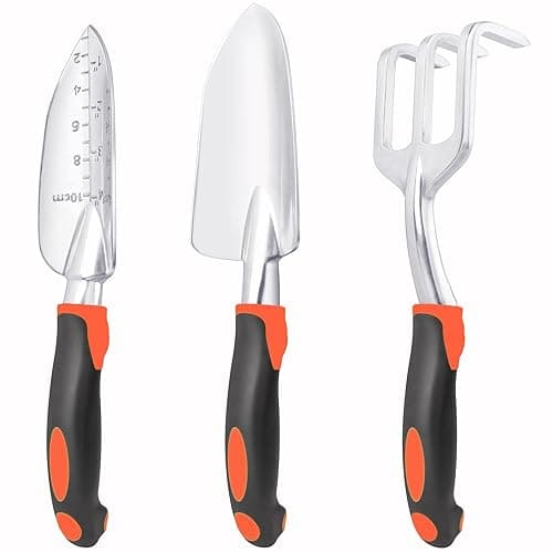 Garden Tools Set, 3 Pack Heavy Duty Gardening Tools Set Include Garden Shovel, Transplant Trowel and Hand Rake with Ergonomic Handle, Aluminum Alloy Lawn for Planting, Orange - Image 1