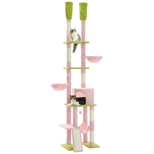 PAWZ Road Pink Cat Tree, Floor to Ceiling Cat Tower with Adjustable Height(85-112 Inches), 7 Tiers Climbing Activity Center with Cozy Hammocks, 5 Platforms and Scratching Posts for Indoor Cats-Pink - Image 1