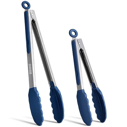 EEKEDO Tongs for Cooking, 600ºF High Heat-Resistant Stainless Steel Kitchen Tongs with Silicone Tips, Non Scratch, Locking Tong for BBQ Grilling Air Fryer Food Salads, Set of 2 (9" and 12") Navy Blue - Image 1