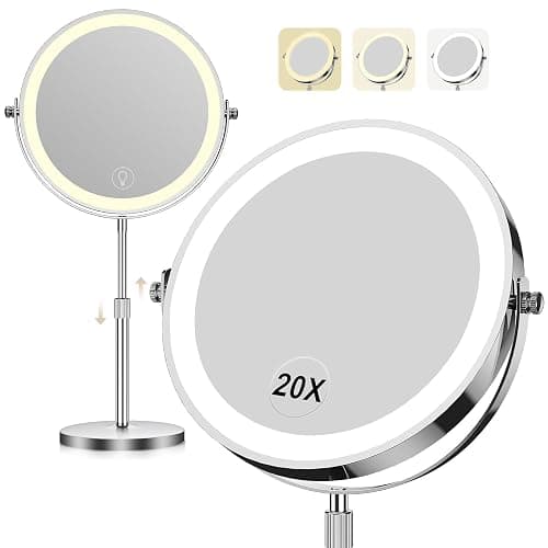 Makeup Mirror with Lights, 1x/20x 360° Rotation Vanity Mirror, Brightness Adjustable Lighted Makeup Mirror with Magnification, 5000 mAh Rechargeable Double Sided Mirror with 3 Colors, Gift for Women - Image 1