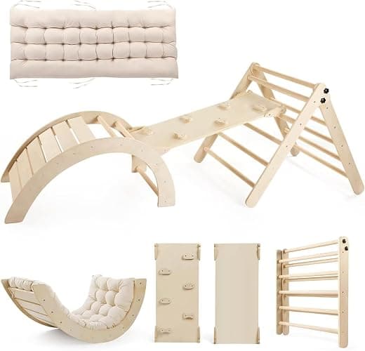Yopnoyik Pikler Triangle Set with Cushion Large, 5 in 1 Toddler Climbing Toys Indoor, Montessori Foldable Climbing Set for Kids, Wooden Playground Jungle Gym with Ramp, Arch and Ladder (Wooden Color) - Wooden Color - Image 1