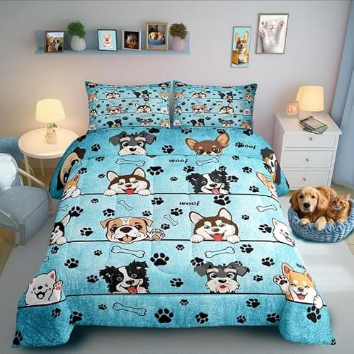 Manfei Cute Dog Comforter Set for Kids Room Decor Cartoon Puppy Pet Animals Bedding Comforter Twin Size Black Paw Print Blue Soft Polyester Quilt Set with 1 Pillowcase - Image 1