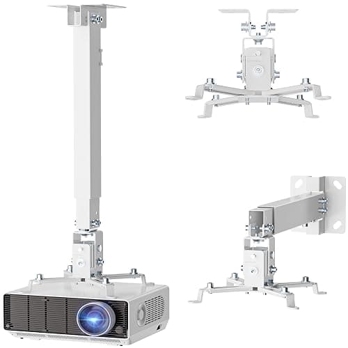 WALI Projector Mount Ceiling/Wall - Universal 3-in-1 Bracket with Extension Pole, Height Adjustable Holder for LCD/DLP Projectors, Supports up to 44lbs, White (PM-003-W) - Image 1