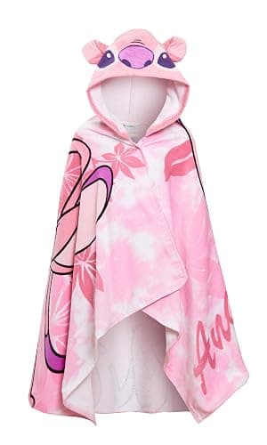 Disney Stitch Angel Hooded Towel For Girls Poncho 100% Cotton Kids Bath Towel Beach Towel Swimming Wrap Kids Changing Robe - Pink - One Size - Image 1