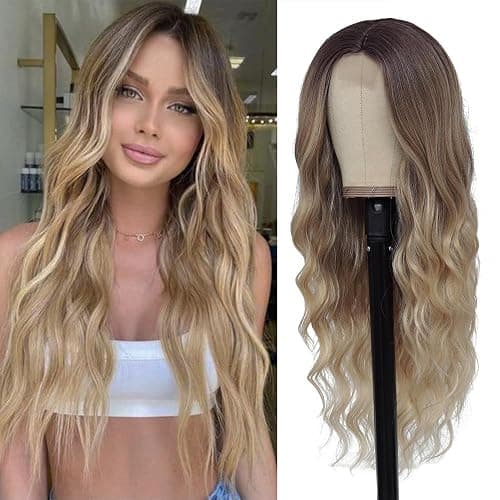 HMHIFI Blonde Wig for Women,26 Inch Long Wavy Curly Middle Part Hair | Soft face-framing layered waves,Tangle resistant,Easy-style,Adjustable,Daily wear,party,photo,Halloween costume - Image 1
