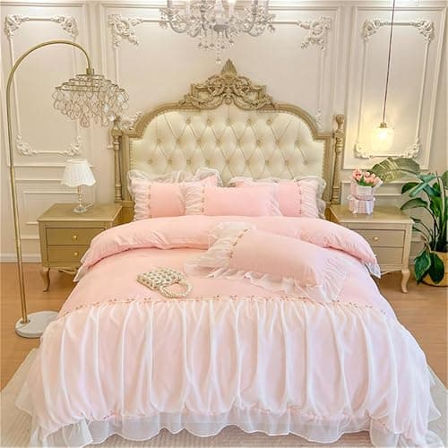 MOOWOO Pink Bedding-Romantic Ruffle Lace Bedding Set 3 Piece Comforter Queen Duvet Cover with Zipper Closure,Coquette Room Decor-Pink,Queen Size - Pink - Queen - Image 1