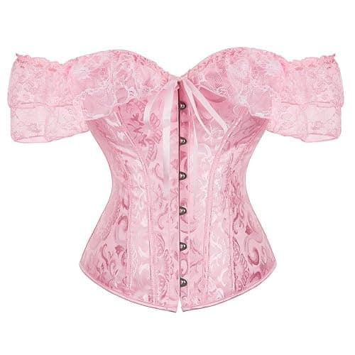 Corset Top for Women Renaissance Overbust Lace Up Bustier Corset Tops | Off Shoulder Floral Corset Top with Lace Sleeves for Renaissance Fair, Gothic, Steampunk, Pirate, Fairy, Halloween Costumes - Image 1