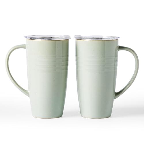famiware Jupiter Large Coffee Mug, 20oz Coffee Mug with Lid, Ceramic Mugs Set of 2, Cup Set with Handle for Latte, Tea, Cocoa, Milk, Home & Office, Microwave and Dishwasher Safe, Light Green - Image 1