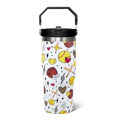 qwpmvhsak 30oz Softball Flip Tumbler with Handle lid and Straw,Softball Coffee Travel Mug Cup Water Botter,Softball Gifts for Women,Softball Stuff Decor Accessories - Softball - Image 1