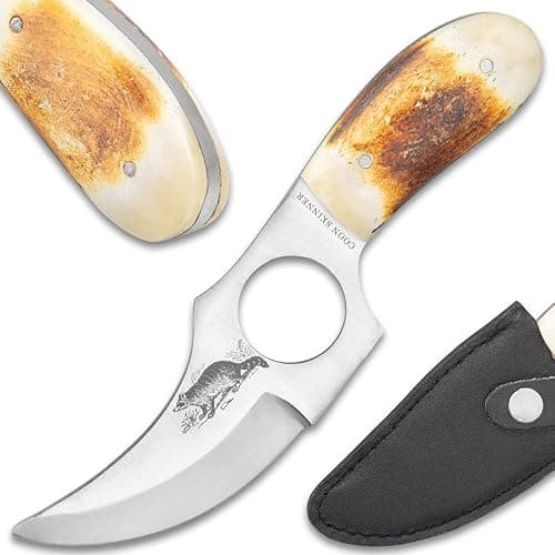 K EXCLUSIVE Coon Skinner Knife With Finger Grip And Leather Sheath | 4" Stainless Steel Blade | Leather Wrapped Handle | Durable Leather Sheath Included | 9 1/4" Overall Length - Image 1