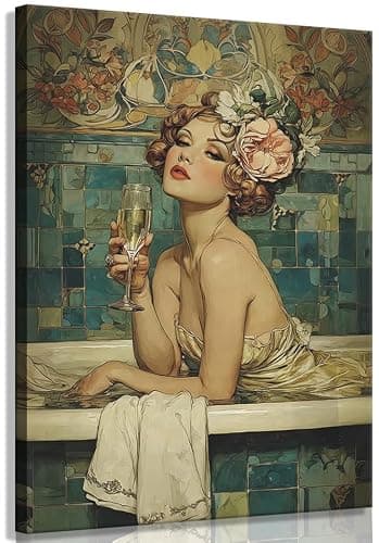 Vintage Bathroom Canvas Wall Art Woman With Champagne Picture Wall Decor Coquette Bathtub Poster Print Elegant Woman in a Bathtub Painting Artwork for Toilet Bar Home Decoration 12x16in Frame - Image 1