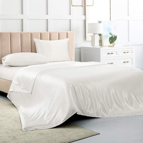Satin Bed Sheets Queen Sheet Set, White Silk Sheets, 4 - Pieces Soft Bedding Set with 1 Deep Pocket Fitted Sheet,1 Flat Sheet,2 Pillowcase - Image 1