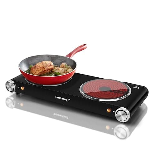 Hot Plate, Techwood 1800W Dual Electric Stove, Countertop Stove Double Burner for Cooking, Infrared Ceramic Hot Plates Double Cooktop, Brushed Stainless Steel Easy to Clean Upgraded Version, Black - Image 1