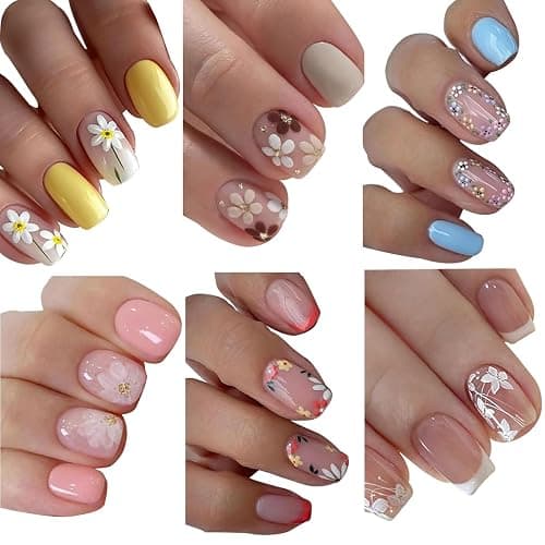 6 Packs (144 Pcs) Flower Press On Nails Short Square Press on Nails Colorful Floral Glue On Nails in 12 Sizes - 24 Fake Nails Kit, Spring Summer Acrylic Stick On Nails for Women Manicure - Image 1