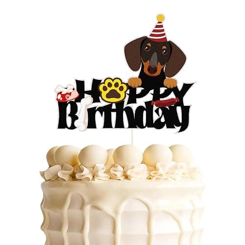 Dog Happy Birthday Cake Topper,Cute Puppy Pet Themed Bday Party Cake Decor,Dachshund Puppy Theme Kids Birthday Party Decorations - Image 1