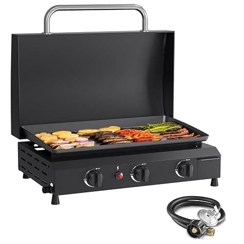 SKOK 23.3 Inch Flat Top Grill, Gas Griddle with Hood, Portable Tabletop Propane Gas Griddle Grill for Camping, Outdoor & Tailgating Barbecue, 45,000 BTU Output, 3 Burners - Image 1