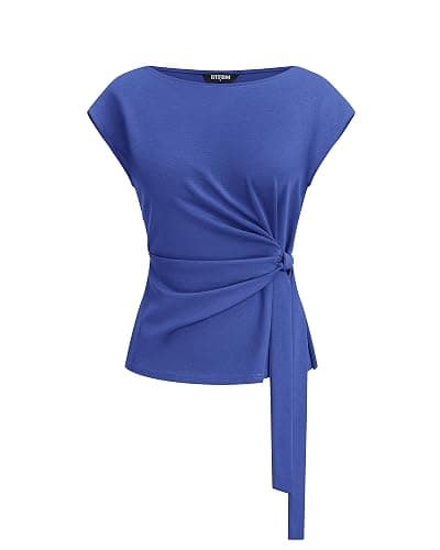 BTFBM Womens Tops Summer 2026 Cap Sleeve Crew Neck Tie Waist Blouses Dressy Casual Business Work Clothes Spring Fashion - Image 1