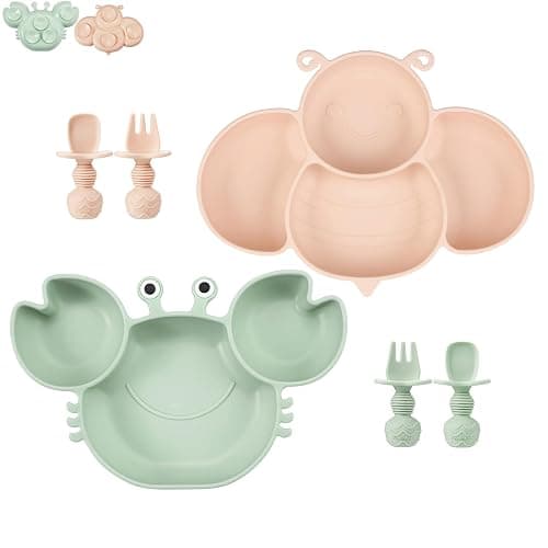 PandaEar 2 Pack Silicone Suction Plates for Toddlers Baby with 4 Spoons Self Feeding, Divided Unbreakable Toddler Plates with Suction, Baby Plates and Utensils Set, Baby Dishes, Green Crab & Pink Bee - Image 1