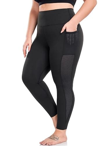 MEJING Plus Size Leggings for Women with Pockets Stretchy, L-5XL Tummy Control High Waist Workout Black Mesh Yoga Pants - Black-2 Pockets - XX-Large Plus - Image 1