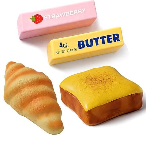 4Pcs Squishy Toys Set, Slow Rising Butter Squishy, Toast Bread and Croissant Squishies, Soft PU Foam Squeeze Toys for Stress Relief, Fidget Toys, Party Favors, Desk Toys, Gifts for Kids and Adults - Image 1