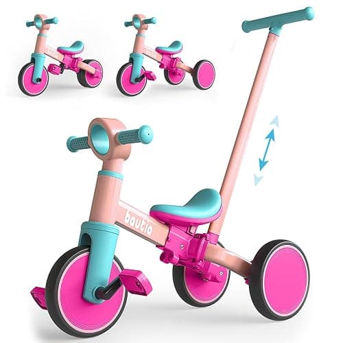 Kids Tricycle for Toddler 1-4 with Push Handle, 5 in 1 Push Balance Bike for 1-3, Baby Tricycle Trike Toy for 1 2 Year Old Boys Girls Gift with Removable Pedals (No Parent Steering Control) - Fuscia - Image 1