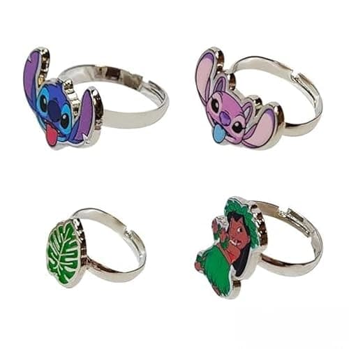 LUV HER Kids Jewelry: 4-Piece Adjustable Rings for Girls, Ring Sets with metal charm Fashion Girls Jewelry Ages 4+ - Angel, Lilo & Stitch - Image 1