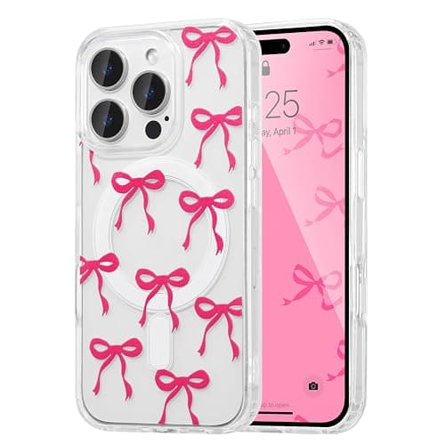 UEEBAI Magnetic for iPhone 16 Pro Max Case, Bow Case Compatible with MagSafe, Wireless Slim Clear Ribbon Aesthetic Phone Cover Anti-Yellowing Shockproof Protective Cover for Women Girl - Hot Pink - Image 1