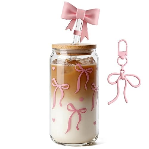 Mason Life Bow Glass Cup 18 OZ with Designs, Pink Bow Cup for Preppy Stuff, Cute Tumbler with Straw Cover & Keychain for Women Teen Girls Iced Coffee, Matcha and Smoothies - Image 1