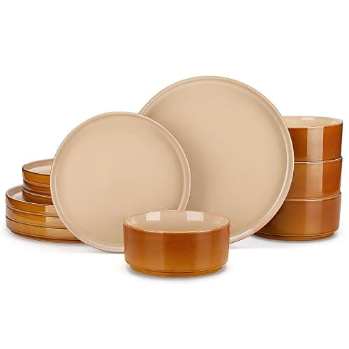 vancasso ONION Ceramic Plates and Bowls Sets, 12 Pieces Brown Dinnerware Sets for Kitchen, Reactive Glaze Dishes Set for 4, Dishwasher and Microwave Safe - Image 1