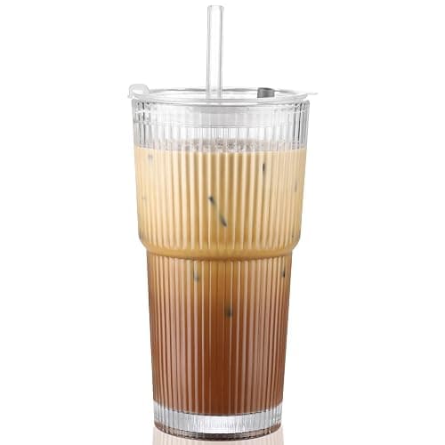 CWHHRN 20 oz Glass Cup with Lid and Straw, Glass Tumbler with Straw and Lid, Vintage Glassware for Whiskey Cocktail Beer, Iced Coffee Cups with Lid (1 PACK) - Image 1