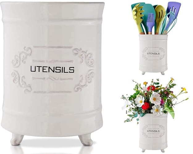 Comfify White Ceramic Utensil Holder – Vintage Style Kitchen Caddy – Shabby Chic Countertop Organizer – Rustic French Country Crock for Cooking Enthusiasts - Image 1
