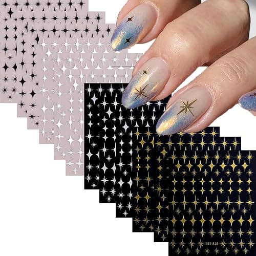 12 Sheets Gold Star Nail Art Stickers Decals 3D Self Adhesive Gold White Black Star Design Nail Art Decal Supplies Accessories for Women Acrylic Manicure DIY Decoration - Image 1