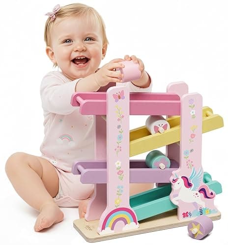 Lehoo Castle Wooden Car Ramp Toys for 1 Year Old Girl Birthday Gifts, Unicorn Montessori Toys for One Year Old, Wooden Race Track with 4 Rollers, for Toddlers 1-3 Year Old - Image 1