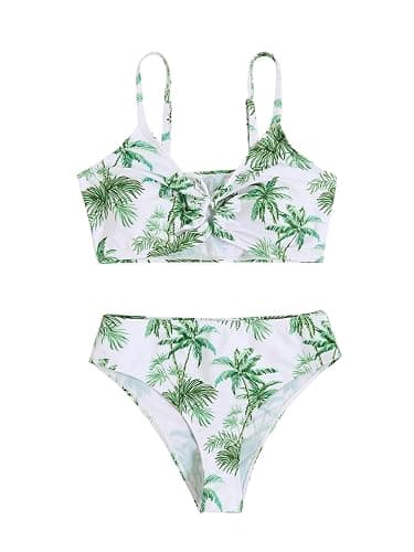 COZYEASE Girls' 2 Piece Ditsy Floral Print Knot Front Ruched Triangle Bikini Swimsuit - 9 Years - Olive Green - Image 1