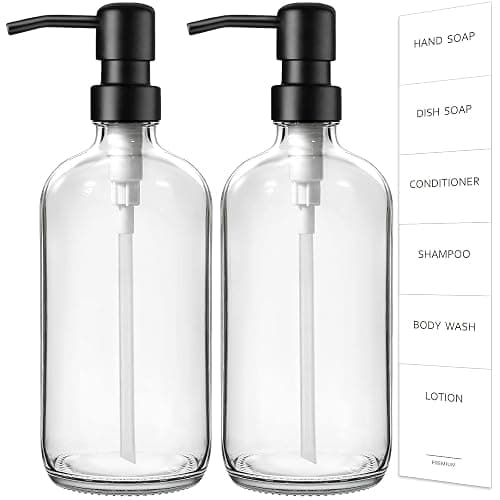 GMISUN Glass Soap Dispenser with Pump, 2 Pack Clear Bathroom Hand Soap Dispenser with Stainless Steel Pump, 16 Oz Refillable Kitchen Hand and Dish Soap Dispensers Set, Modern Liquid Pump Bottles - Clear Bottle + Black Pump - 2 Pack - Image 1