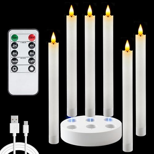 Homemory Rechargeable Flameless Taper Candles, Real Waxy LED Candlesticks Flickering, Battery Operated Candles with Remote Timer, 9.6 Inches for Home Wedding Christmas Decor, 6 Pcs, White - Image 1