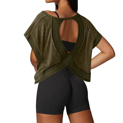 UNIANKIYA Open Back Workout Tops for Women Loose Fit Athletic Crop Tee Short Sleeve Gym Running Yoga Shirt - Image 1