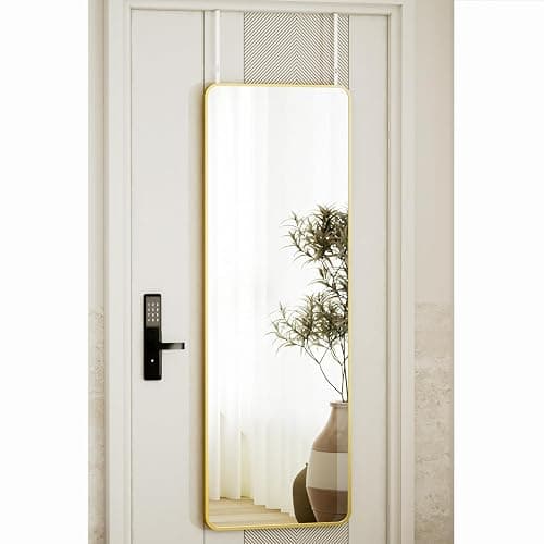VooBang 14"x48" Full Length Over The Door Mirror - Aluminum Alloy Frame Full Body Mirror with Height-Adjustable Hangers, Hanging Leaning Against Wall for Dorm, Gold - Image 1