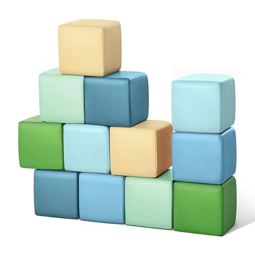 Todiby Foam Building Blocks for Toddlers:12-Pieces Wipeable Leather Stacking Cubes Kids - Large Soft Toys Play Set for Learning Construction Baby Preschool Daycare Therapy Birthday Gift (Yellow Green) - Image 1