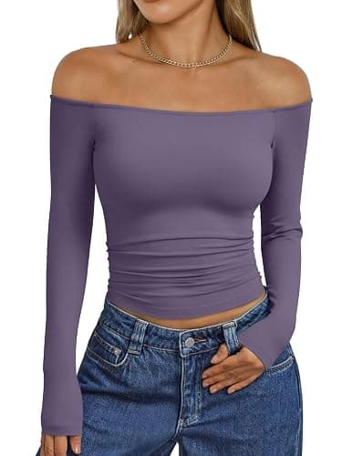 Trendy Queen Womens Long Sleeve Off The Shoulder Tops Going Out Cute Basic Y2K Fall Fashion 2025 Outfits Clothes - Image 1