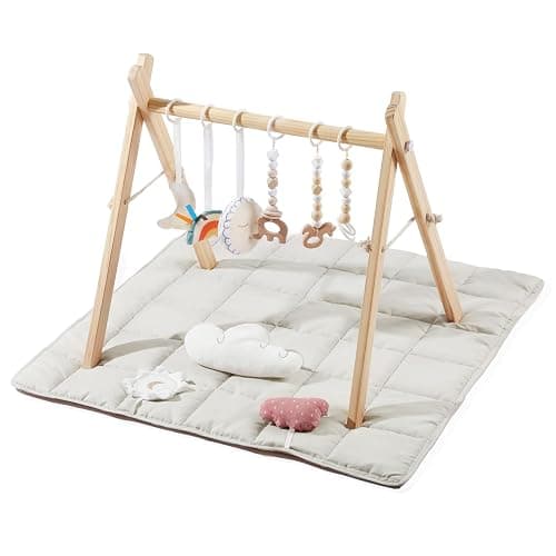 Baby Play Gym with Mat, Wooden Play Gym with 9 Sensory Toys, Baby Activity Center for Infant Motor Development, Natural Pine Wood, Easy to Assemble & Clean, Montessori Toys, Natural Color - Image 1