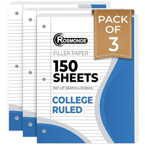 Rosmonde Loose Leaf Paper, 450 Sheets, 3 Pack, College Ruled Paper, 8" x 10.5", Bulk Office Filler Paper, 3 Hole Punched, 150 Sheets/Pack, 56 gsm Paper, College Ruled Notebook Paper for Binder, White - College Ruled - 3 Pack (450 Sheets) - Image 1