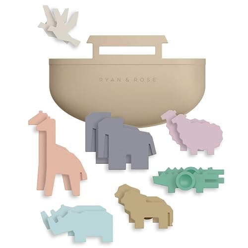 Noah's Ark Suction Toys - 1 Ark, 14 Animals (7 Pairs) - Toddler Bath Toys, Baptism Gifts for Boys, Mold Free No Hole Silicone - Image 1