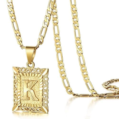 KissYan Initial Letter Pendant Necklace for Men Women, 14K Gold Plated Square Capital Monogram Necklace Alphabets from A-Z Figaro Chain Jewelry - Image 1
