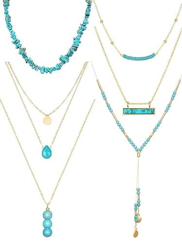 Estune 6 Pcs Western Jewelry for Women Silver and Turquoise Jewelry for Women Silver Plated Beaded Heart Choker Boho Teal Necklaces - Image 1