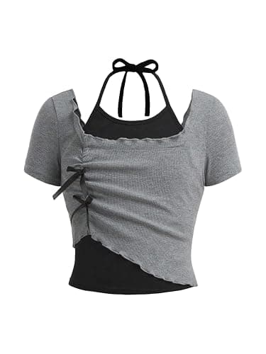 RoseSeek Girl's Y2k Halter Crop Top Colorblock Summer T Shirt Cute Clothes | Fake Two Piece, Y2K Trendy, Aesthetic Preppy Cute Tops, Crop Tops for Teens Size 10-12 - Image 1