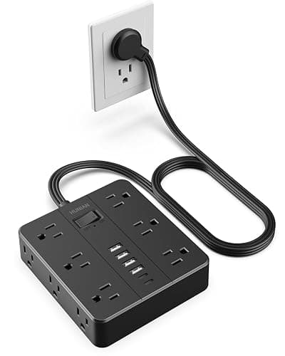 Flat Plug Power Strip Surge Protector, HUNIAN 5 Ft Extension Cord with 12 Widely Spaced Multiple Outlets 6 USB Charger (2 USB C Ports), Desk Charging Station for Home Office Supplies, Black - Image 1