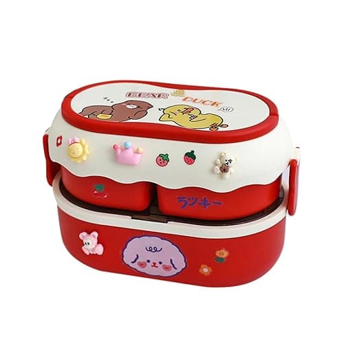 soulnioi 1700ML Lunch Box Bento Box for Kids, Cute Printed Rabbit&Bear Design Lunch Box with 3D Stickers for Child&School, Food Container with 3 Compartments (Red) - Image 1